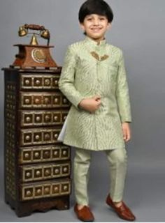 Pls Check The Size Chart before placing the Order  Kids Indo-western Sherwani And Dhoti In Blue  * Style - Kids Indo-western Sherwani * Fabric - Premium Silk Blend * Color - Yellow/Green/Beige * Work Type - Embroidered , Mandarin Collar, Straight Cut Style * Bottom - Paired with Matching Silk Pant Sherwani For Boys, Kids Sherwani, Green Sherwani, Boys Sherwani, Boys Party Wear, Ring Bearer Suit, Kids Kurta Pajama, Kids Dress Boys, Kids Kurta