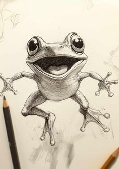 a pencil drawing of a frog with big eyes