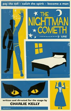 the nightman comet poster with an image of a man standing next to a bed