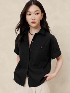 Pocket Poplin Shirt | Banana Republic Factory Chic Shirt With Roll-up Sleeves For Everyday, Poplin Short Sleeve Workwear Blouse, Short Sleeve Poplin Blouse For Work, Chic Poplin Shirt For Work, Chic Poplin Tops For Workwear, Modern Shirt For Workwear With Rolled Sleeves, Modern Shirt With Rolled Sleeves For Work, Modern Workwear Shirt With Rolled Sleeves, Chic Collared Poplin Top