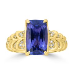 J35835 Elegant Yellow Gold Rings With Gemstone Accents, Formal Fine Jewelry Sapphire Cushion Cut Ring, Formal Cushion Cut Sapphire Ring, Luxury Tanzanite Diamond Ring, Elegant Gold Tanzanite Diamond Ring, Luxury Square Cut Sapphire Ring, Classic Yellow Gold Sapphire Ring With Radiant Cut, Luxury Tanzanite Yellow Gold Ring, Luxury Yellow Gold Tanzanite Ring