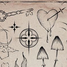 an old paper with various tattoo designs and symbols on it, including hearts, arrows, mushrooms, stars, etc