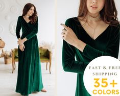 a woman wearing a green velvet dress with the words fast and free shipping on it