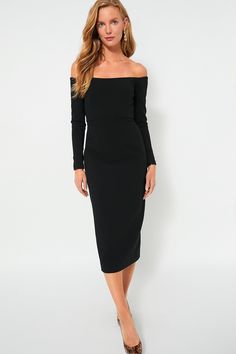 Black Off the Shoulder Alva Dress Elegant Off Shoulder Long Sleeve Dress For Evening, Sleek Off-shoulder Bodycon Dress For Formal Events, Elegant Long Sleeve Off Shoulder Evening Dress, Elegant Long Sleeve Off Shoulder Dress For Formal Occasions, Elegant Long Sleeve Off Shoulder Formal Dress, Elegant Fitted Off-shoulder Dress With Boat Neck, Elegant Fitted Off-shoulder Boat Neck Dress, Elegant Off Shoulder Boat Neck Dress For Formal Occasions, Elegant Long Sleeve Off Shoulder Dress For Cocktail