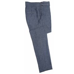 A must-have style in every man’s wardrobe, you will never look boring again with these striped trousers in blue and white. Elegantly made with high quality craftsmanship in a straight fit, flat-front style from premium quality cotton, these trousers feature a button and zip closure with a wide waistband with two extended fastening tabs. This pair of men's pants is perfect for work and everyday wear, business meetings, parties, gala dinners or summer weddings. Buy it for yourself, or gift it to a Formal Bottoms With Vertical Stripes For Summer, Formal Summer Bottoms With Vertical Stripes, Blue Vertical Stripes Pants For Workwear, Blue Vertical Stripes Pants For Work, Blue Vertical Stripes Workwear Pants, Blue Vertical Stripes Pants For Spring, Blue Striped Pants For Spring, Classic Striped Pants With Pockets, Classic Striped Bottoms With Pockets