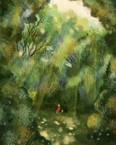 a painting of a person sitting on a bench in the middle of a green forest