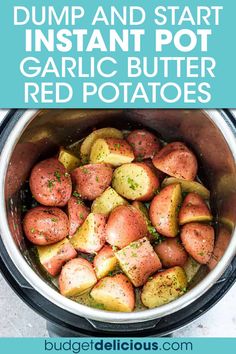 instant pot garlic butter red potatoes in a crock pot with the title overlay