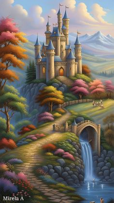 a painting of a castle and waterfall