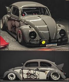 an old vw bug is being displayed in two different pictures, the front and back