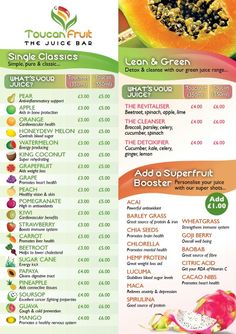 the menu for tropical fruit juice bar