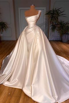 Glamorous One Shoulder Pearl Wedding Dress Overskirt Bridal Gowns On Sale Wedding Dress Overskirt, Church Wedding Dress, Pearl Wedding Dress, White Wedding Dress, Wedding Dress Fabrics, A Wedding Dress, Classy Wedding, Blair Waldorf, Suzhou