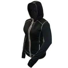 Get the most out of your workout with the SaunaFX Women's Neoprene Hooded Paneled Jacket. This jacket helps increase your bodies temperature and targets heat to assist in trimming your most stubborn areas. Targets Chest, Back, Core, Abs, Love Handles, Waist, and Stomach. The form-fitting design slims and tones while also keeping your muscles warm during indoor and outdoor workouts to aid in preventing any injuries. Additionally, the reflective printing provides visibility and safety for outdoor Body Sweat, Sweat Suit, Love Handles, Body Heat, Outdoor Workouts, Range Of Motion, Alternative Fashion, Boxing, Gender Female