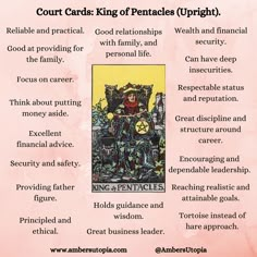 The King of Pentacles, in an upright position from the suit of pentacles in the tarot deck and its meanings, including the astrology and numerology meanings. 

#KingofPentacles #SuitofPentacles #TarotCardMeanings #Tarot Court Cards Tarot, Pentacles Tarot Meaning, King Of Pentacles, Suit Of Pentacles, Divination Magic, Pentacles Tarot, Court Cards