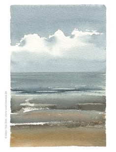 watercolor painting of an ocean with clouds in the sky