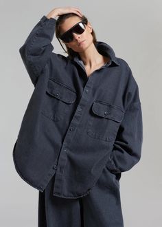 Dallas Denim Overshirt - Dark Grey – The Frankie Shop Denim Overshirt, Paris Store, Denim Suit, The Frankie Shop, Frankie Shop, Paris Woman, Leather Texture, Grey Cotton, Swimwear Accessories