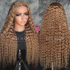 ISEE Wear Go Deep Curly Honey Blonde #27 Color Wigs Pre-Cut Glueless Lace Wig Wigs Skunk Stripe, Colored Lace Wigs, Blonde Curly Wig, Color Wigs, Deep Curly, Curly Wig, Wigs Online, Samar, Honey Blonde