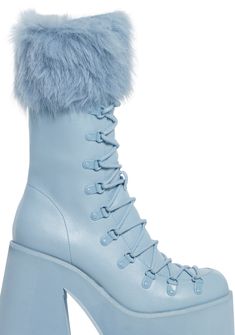 Look cute at the ski lodge with these boots that have a vegan leather construction, a faux fur trim, platform treaded soles, block heels, a front-lace-up design, and side zipper closures. Rave Shoes, Bunny Shoes, Goth Shoes, Vegan Leather Boots, Snow Bunny, Sugar Thrillz, Snow Bunnies, Ski Lodge, Shoe Inspo