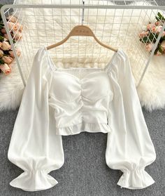 Design High Waist Retro Shirt Top Fancy Top Outfits, White Top Fancy, Unique Tops For Women Fashion, Elegant Long Sleeve Chiffon Shirt, Chiffon Blouse For Brunch In Fall, Fall Chiffon Blouse For Brunch, Fitted Chiffon Tops For Work, Feminine Chiffon Tops For Fall, Chiffon Tops With Lantern Sleeves For Spring