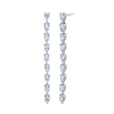 Pear shape drop earrings set in 18K white gold. 20 total stones Total Carat Weight of 10.59 3 inches in length