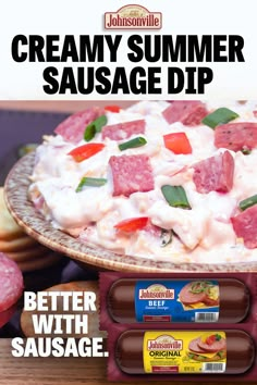 an advertisement for sausage dips on a plate with sausage and other foods in the background