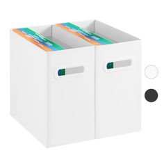 two white boxes with labels on the sides