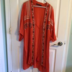 Orange Embroidered Kimono, Great Condition, Size L Hits Around Knees Never Worn Ties At Chest See Photos For Content And Care Red V-neck Summer Outerwear, Casual Embroidered Fall Kimono, Embroidered Casual Spring Kimono, Casual Embroidered Spring Kimono, Casual Fall Kimono With Floral Embroidery, Casual Floral Embroidered Kimono For Fall, Embroidered Outerwear For Fall Beach Days, Embroidered Outerwear For Beach In Fall, Orange Embroidered V-neck Top