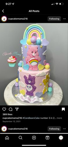 a pink and purple cake with teddy bears on it