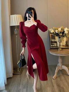 Korean Gown, Dress Outfits Korean, Red Dress For Women, Boho Bible, Red Colour Dress, Wine Red Dress, Girl Red Dress, Fairy Skirt, Red Bodycon