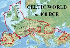 a map showing the route of the celtic world c 400 bce, including galalia