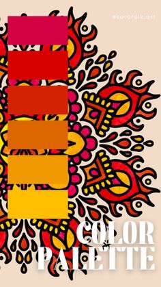 the color palette is red, yellow, orange and pink with an intricate design on it