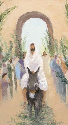 an oil painting of a man riding a donkey in front of a group of people