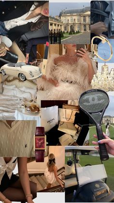 a collage of photos with many different things in the background, including a woman's dress and shoes