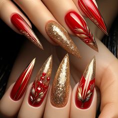 Red Christmas Nails Long, Coffin Shaped Christmas Nails, Short Red Christmas Nails, Christmas Nails Long, Holiday Christmas Nails, Christmas Red Nails, Christmas Holiday Nails, Camo Nails, Red And Gold Nails