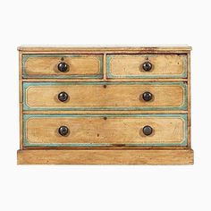 an old wooden dresser with drawers and knobs on the bottom drawer, against a white background