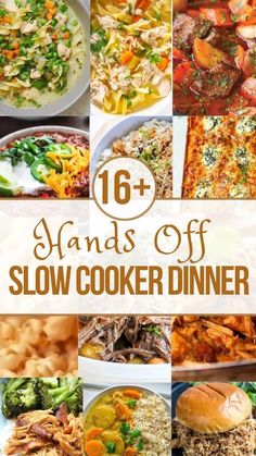 a collage of pictures with the words 16 grands off slow cooker dinner