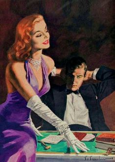 a painting of a woman in a purple dress and man in a tuxedo