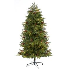 a small christmas tree with lights and pine cones on it's base, in front of a white background