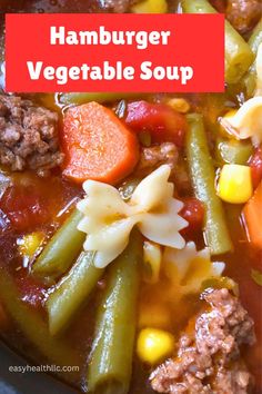 hamburger vegetable soup in a bowl with noodles and carrots on the side text reads hamburger vegetable soup