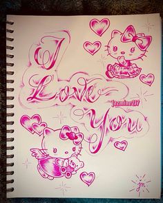 a notebook with some writing on it and hello kitty stickers around the pages that say i love you