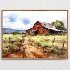 a watercolor painting of an old red barn on a dirt road with mountains in the background