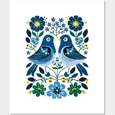 two blue birds sitting on top of each other in front of flowers and leaves with yellow centers