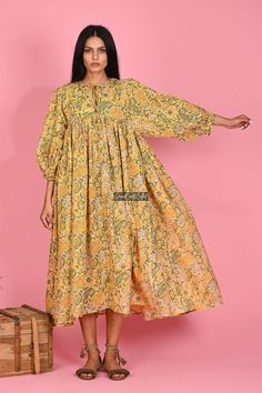 "Printed Cotton Dress, Long Women Dress, Cotton Maxi Dress, Flower Print Dress, Indian Tunic Dress, Block Printed Dress, Boho Dress, Sale Material ~ 100% Cotton gauze. Care ~ Gentle hand wash. Air dry in shade. Made ~ India OUR SIZE GUIDE Please use the following measurements and information as a guide to find the best fit for you so you can flow effortlessly in Indianavogue. MEASUREMENT PREFERENCE Size Chart in Inches:- Size S - Bust-40\" Size M - Bust-42\" Size L - Bust-44\" Size XL - Bust-46\ Green Floral Print Boho Dress, Spring Yellow Dresses With Printed Motifs, Yellow Maxi Dress With Printed Motifs, Yellow Boho Dress With Floral Print For Vacation, Yellow Bohemian Dress With Floral Print, Yellow Bohemian Boho Dress With Floral Print, Summer Tunic Dress With Kalamkari Print, Yellow Printed Summer Dress, Yellow Summer Dresses With Printed Motifs