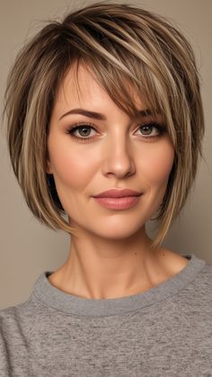 Short Bob Hair With Fringe, Slightly Stacked Bob, Short Hairstyle Women 2024 Trends, Hair Cuts 2024 Trends, Bangs With Bob, Hot Mom Haircut, Short Cuts For Fine Hair, Mom Hairstyles Short, Womens Bob Hairstyles