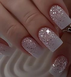 Wedding Nails With Purple, Silver And Glitter Nails, 2024 New Year Nails, Nail Ideas Glitter Sparkle, Nails For Eras Tour, Fabulous Nails Designs, Glitter Accent Nails Ideas, Wedding Nails For Bride Bridal Simple, White With Silver Glitter Nails