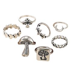 mushroom aesthetic ring set boogzel apparel Rings Goblincore, Edgy Silver Jewelry, Gremlin Core, Grunge Rings, Mushroom Rings, Grunge Ring, Fairy Rings, Boogzel Apparel, Edgy Rings