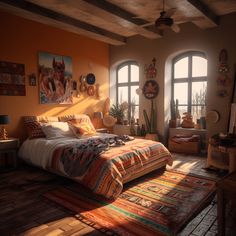 a bedroom with two large windows and a bed in the middle, surrounded by potted plants