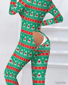 Lasaky - Adult Christmas Tree Print Functional Button Flap Pajamas Green Long Sleeve Holiday Sleepwear, Fitted Long Sleeve Christmas Sleepwear, Green Holiday Sleepwear For Winter, Green Sleepwear For Holiday Winter Season, Green Sleepwear For Winter Holiday, Green Long Sleeve Sleepwear For Holiday, Lounge Romper, Christmas Tree Print, Buy Christmas Tree