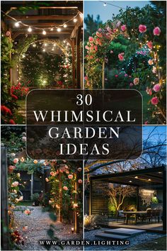 a collage of images of a garden with a gazebo and flowers Backyard Lighting Diy, Garden Ideas Diy, Pergola Garden, Garden Bbq, Garden Whimsy, Whimsical Wonderland, Fairy Garden Houses