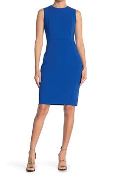 A stylish sheath dress is the perfect piece for your workplace wardrobe. Crew neck. Sleeveless. Back zip closure. Seam accent. Approx. 38.5" length (size 2). Imported Stretch Midi Length Lined Bodycon Dress, Stretch Lined Bodycon Midi Dress, Stretch Bodycon Midi Dress With Lining, Stretch Sheath Midi Dress With Lining, Stretch Sheath Midi Dress With Back Zipper, Sleeveless Elastane Bodycon Dress With Back Zipper, Stretch Knee-length Lined Bodycon Dress, Stretch Sheath Sleeveless Dress For Work, Sleeveless Sheath Dress For Workwear