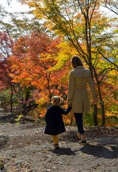 a woman holding the hand of a small child as they walk through an autumn forest